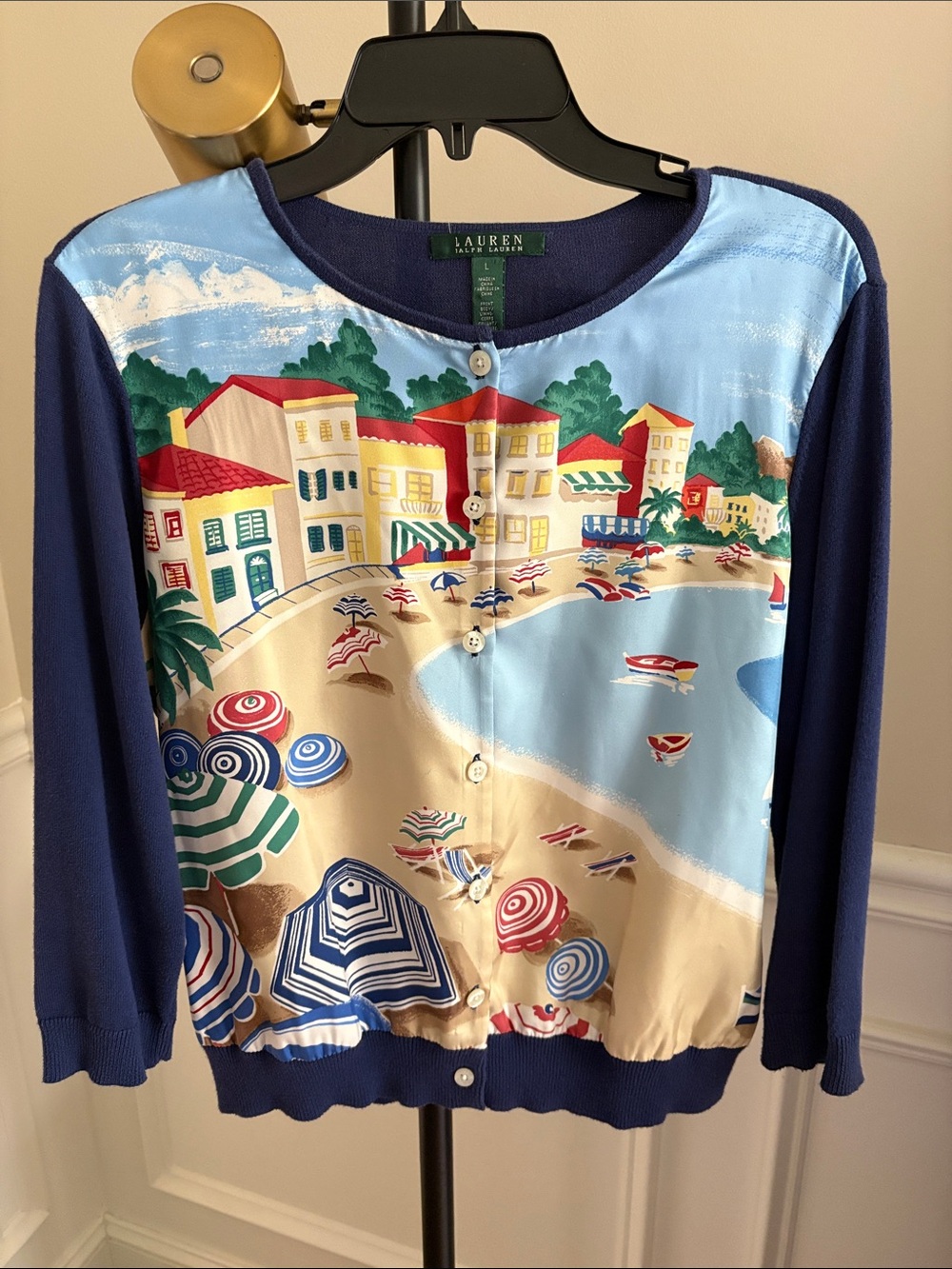 NWOT Lauren Ralph Lauren 100%SILK Front & 100% COTTON Back Beach Scene Cardigan